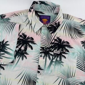 DIXXON "The South Beach" Button Down Short Sleeve Shirt Palm Tree Sunset Miami L
